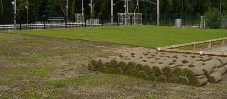 Rolls of sod staged for installation